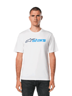 Alpinestars Blaze 2.0 CSF Tee, White Short Sleeve T-Shirt, Blue Alpinestars Logo Graphic, Casual Motorsport Streetwear, Worn with Dark Jeans