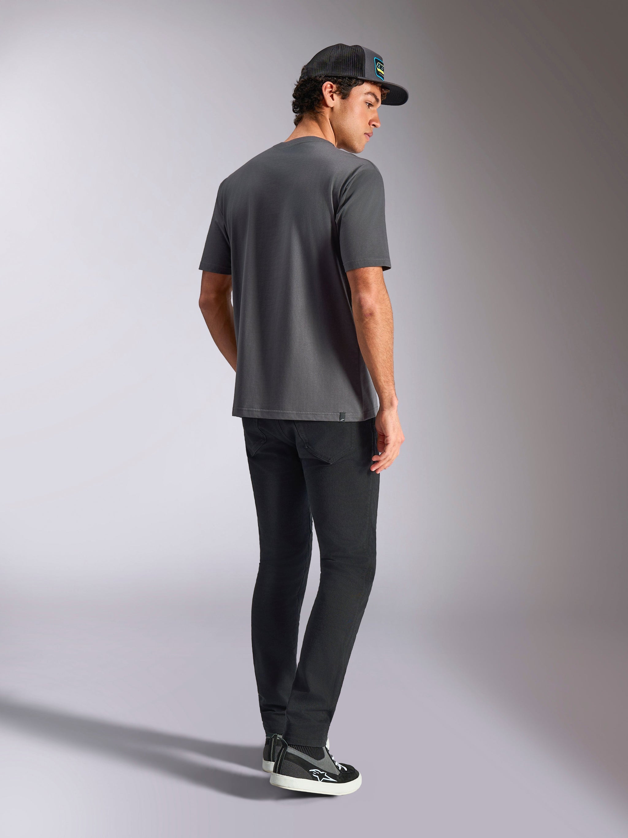 Alpinestars Blaze 2.0 CSF Tee, Short Sleeve T-Shirt, Gray, rear view worn by model with black pants and a black cap, casual motorsport streetwear