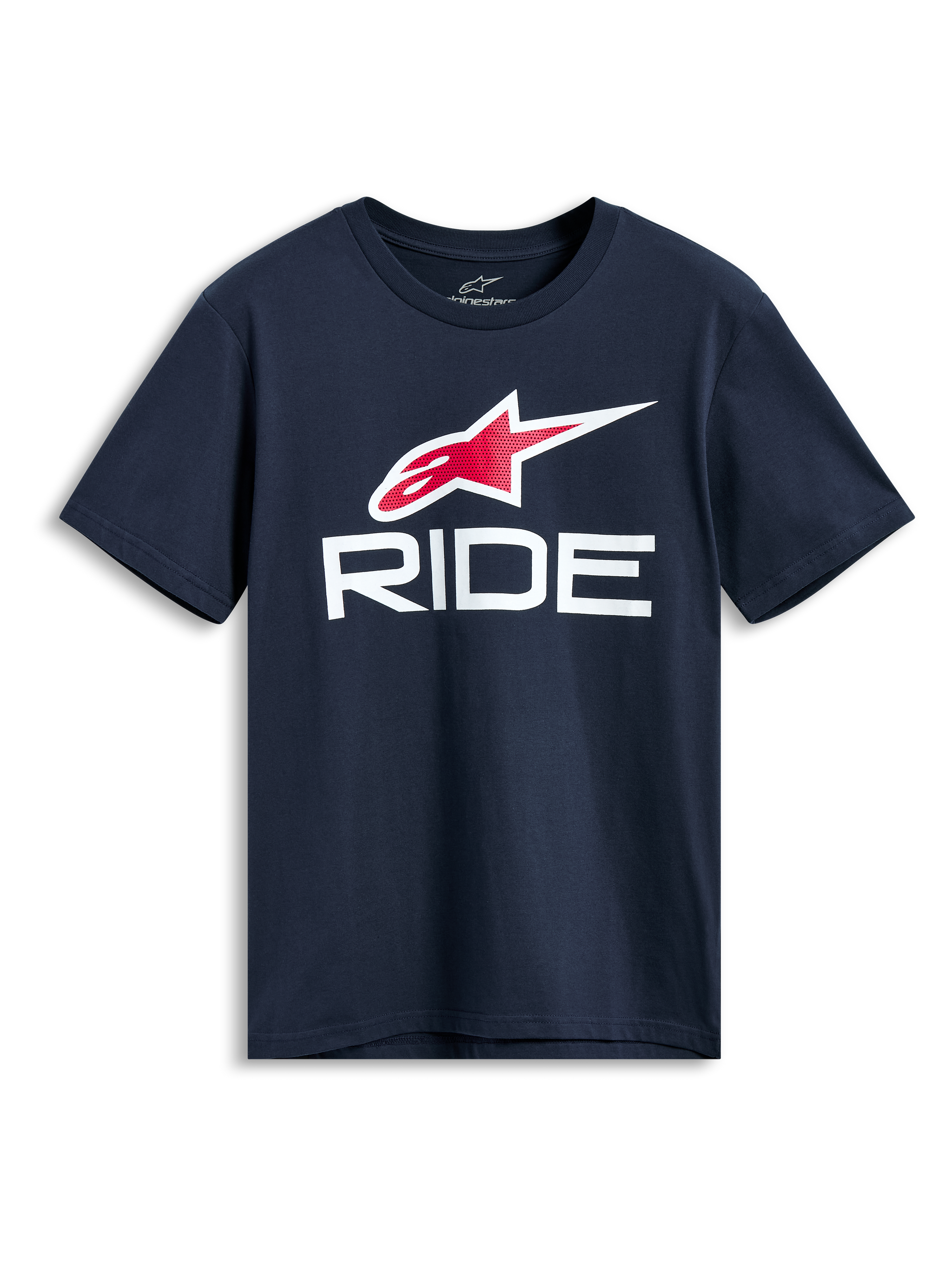 Alpinestars Ride 4.0 CSF Tee, Short Sleeve T-Shirt, Navy Blue, Red and White Astars Logo with White RIDE Graphic, Casual Motorsport Streetwear