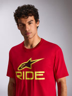 Alpinestars Ride 4.0 CSF Tee, Short Sleeve T-Shirt, Red with Hi-Vis Yellow and Black Ride Logo, worn by model, Casual Motorsport Streetwear