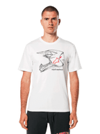 Alpinestars MX Helmet CSF Tee, White Short Sleeve T-Shirt, black wireframe motocross helmet graphic with red star logo, casual motorsport-inspired streetwear, worn by a model