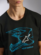 Alpinestars CSF Tee, Short Sleeve T-Shirt, Black, Blue Motocross Helmet Graphic with White Star Logo, Casual Motorsport Streetwear