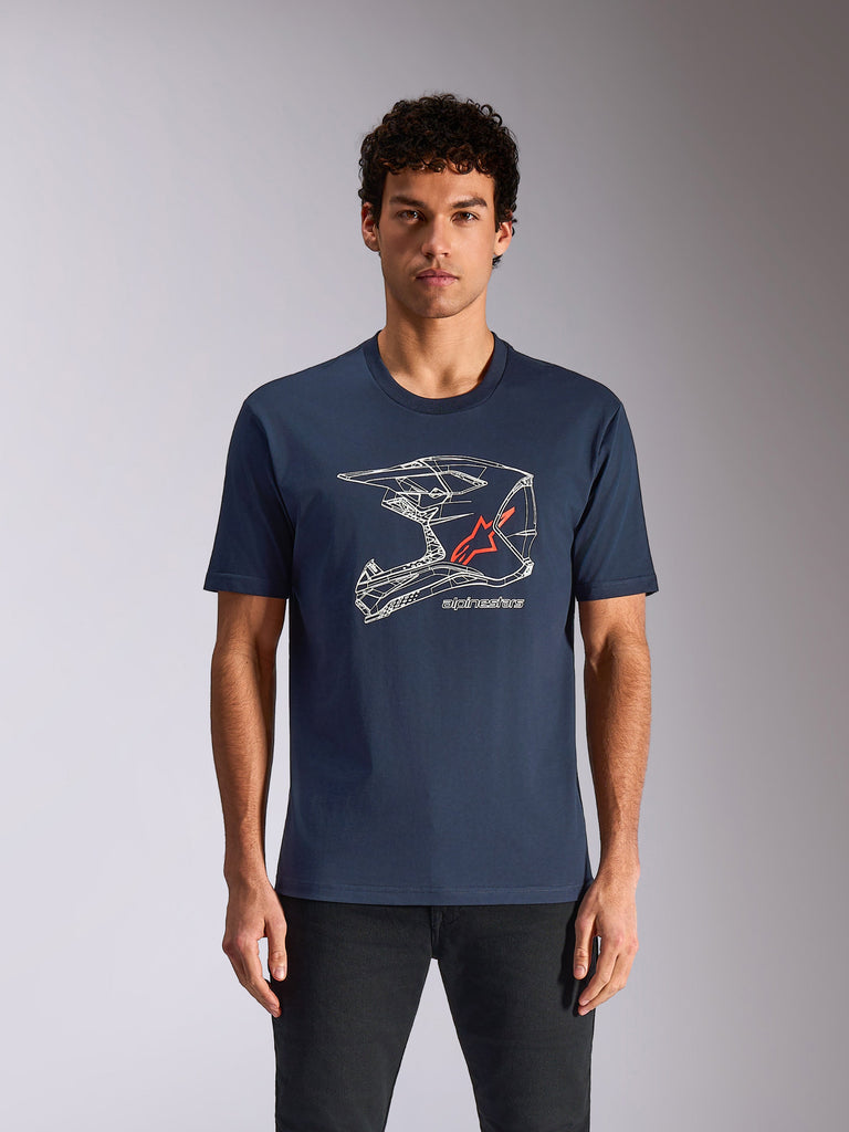 Alpinestars MX Helmet CSF Tee, Short Sleeve T-Shirt, Navy Blue, featuring a white wireframe motocross helmet graphic with a red star logo, casual motorsport-inspired streetwear