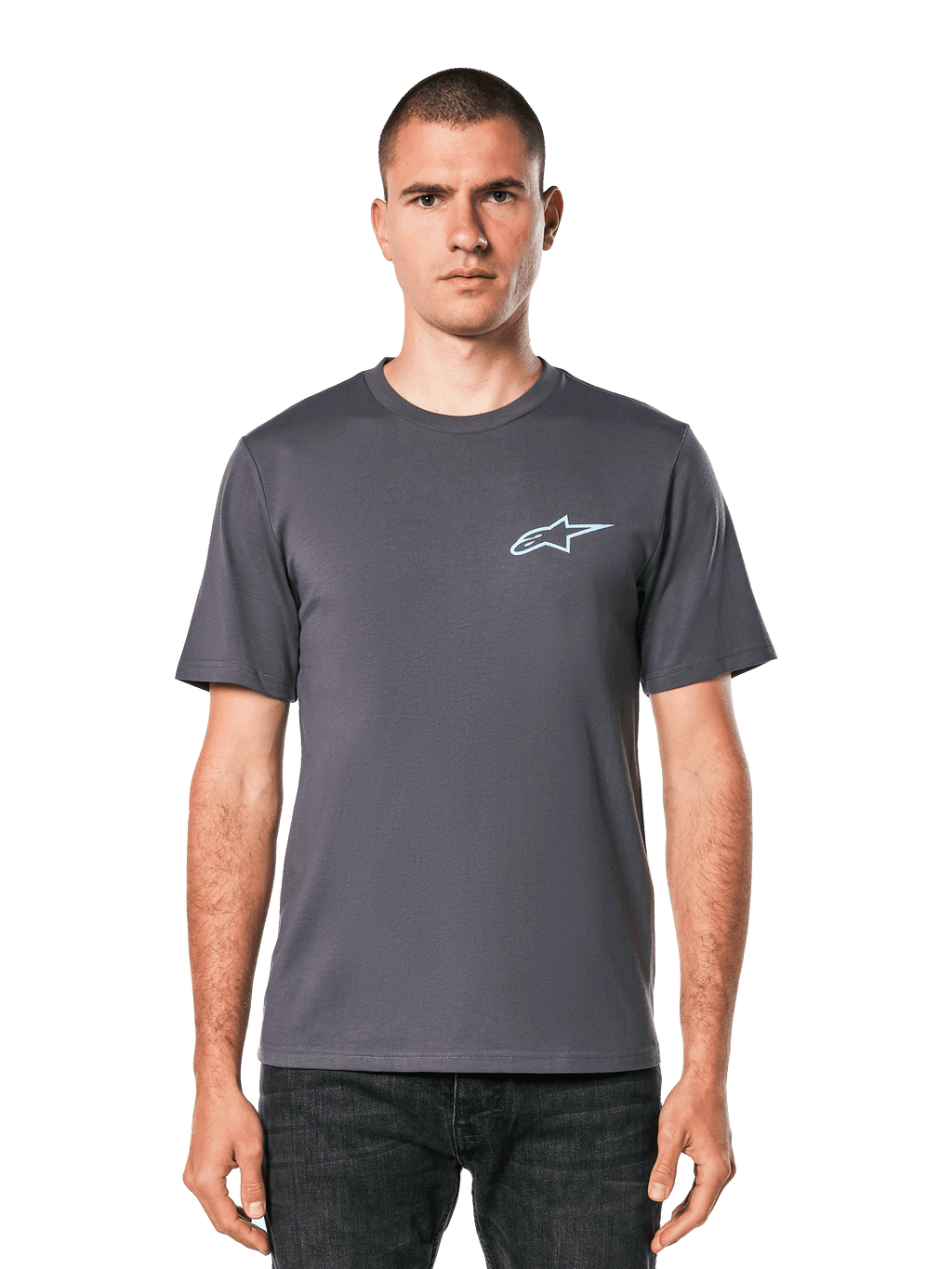 Alpinestars Horizon CSF Tee, Short Sleeve T-Shirt, Charcoal, Light Blue Ageless Logo on Chest, Casual Motorsport Streetwear
