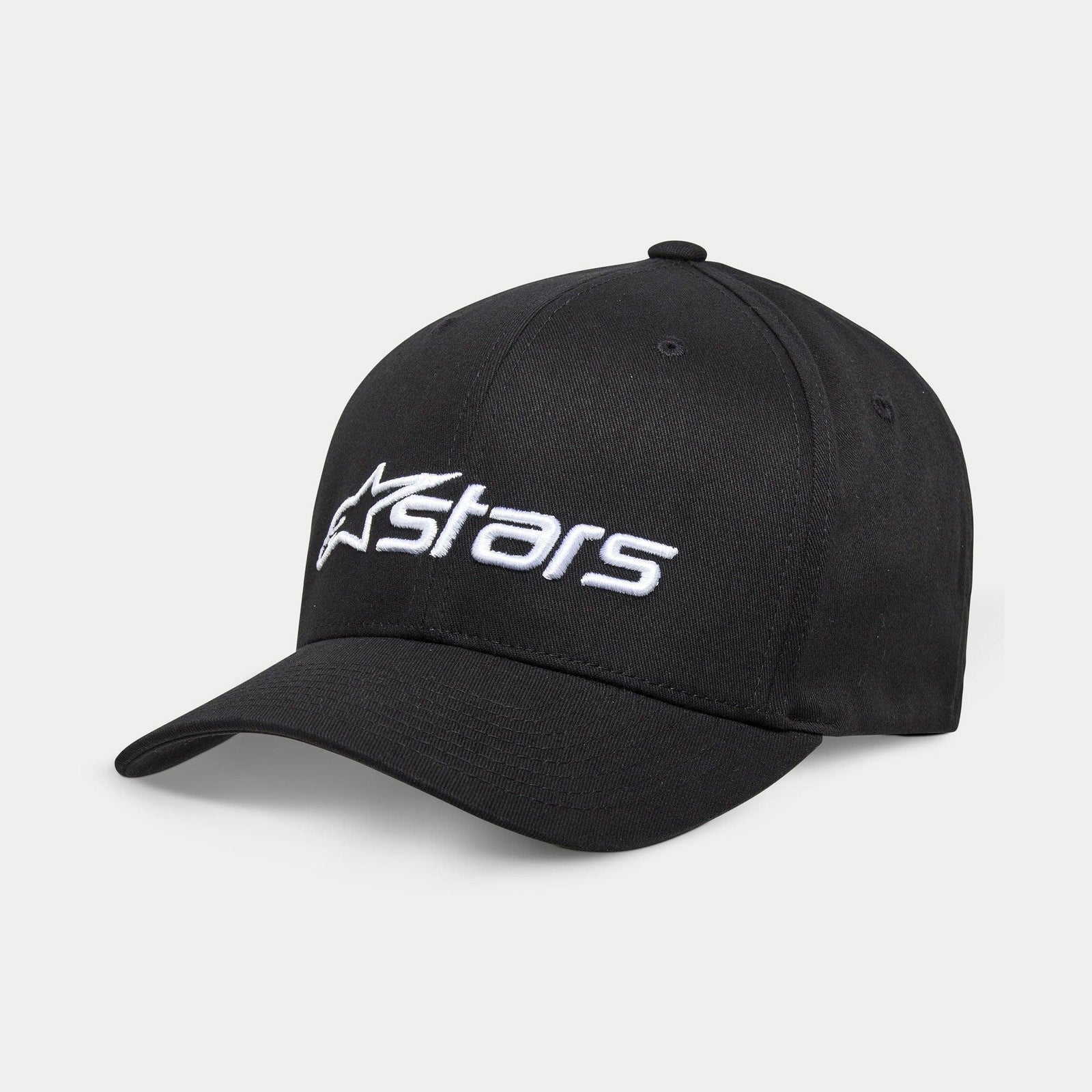 Alpinestars Blaze 2.0 Hat, black baseball cap, featuring a curved bill and structured crown, white textured Astars logo on the front, casual sportswear headwear