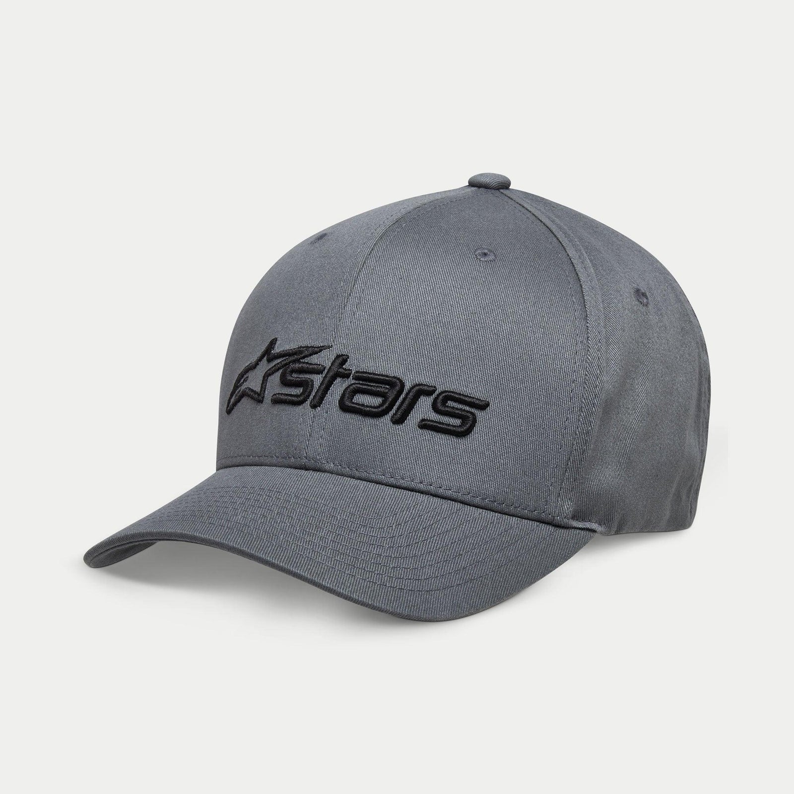 Alpinestars Blaze 2.0 Hat, Structured Curved Bill Cap, Charcoal Black, Textured Black Astars Logo, stretch twill fabric, casual motorsport-inspired streetwear
