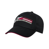 Alpinestars Par Hat, Black Snapback Cap, curved bill with red sandwich detail, side 3D embroidery with Alpinestars logo and Racing Ahead text, structured casual sportswear