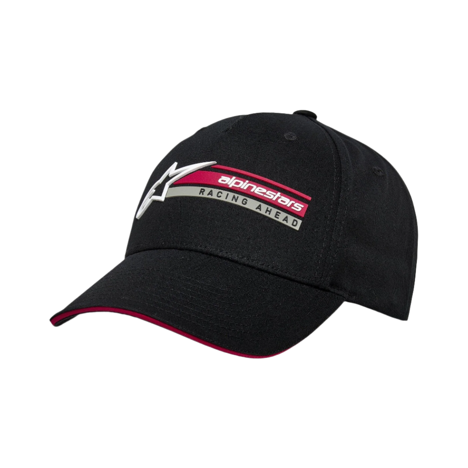 Alpinestars Par Hat, Black Snapback Cap, curved bill with red sandwich detail, side 3D embroidery with Alpinestars logo and Racing Ahead text, structured casual sportswear