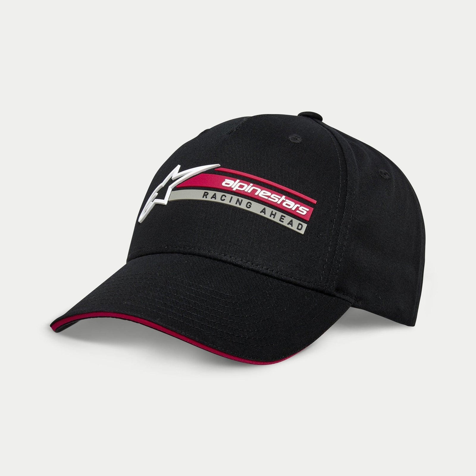 Alpinestars Par Hat, Black Sportswear Snapback, features 3D white logo and red/grey graphic bar with 'Racing Ahead' text, curved bill with red sandwich detail, structured cotton twill design
