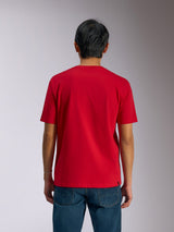 Alpinestars Ageless Shadow CSF Tee, Back View, Short-Sleeve T-Shirt, Red, Casual Motorsport Streetwear, worn with blue jeans