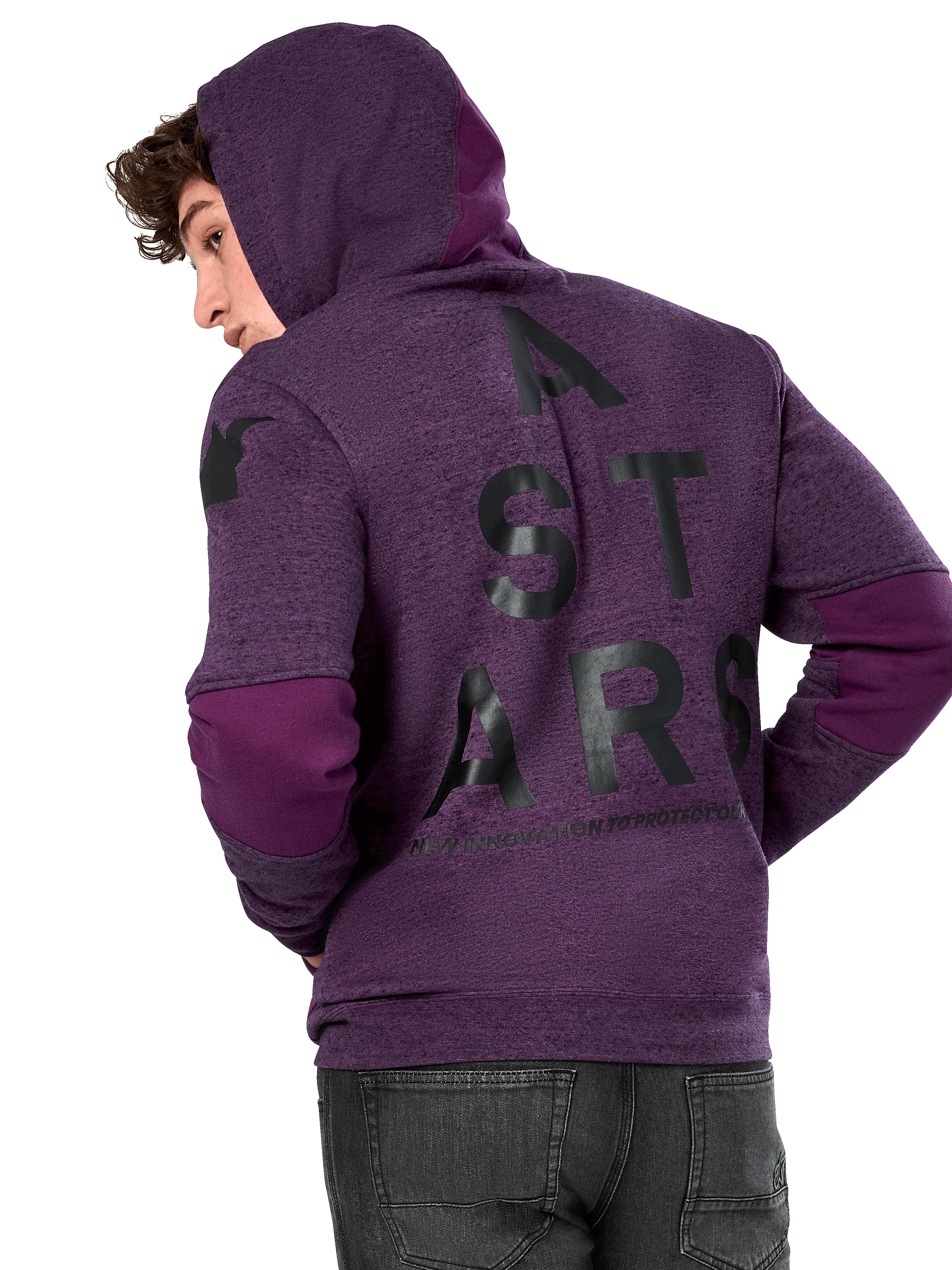 Alpinestars Perpetuate Hoodie, Purple heather fleece, back view featuring large black 'A STARS' graphic and darker purple fabric blocking on elbows and hood, casual motorsport-inspired streetwear