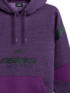 Alpinestars Perpetuate Hoodie, purple heather pullover hoodie, black astars RACEWEAR chest graphic, black shoulder logo, fabric blocking with solid purple panels, drawstring hood with dipped tips, casual motorsport-inspired design