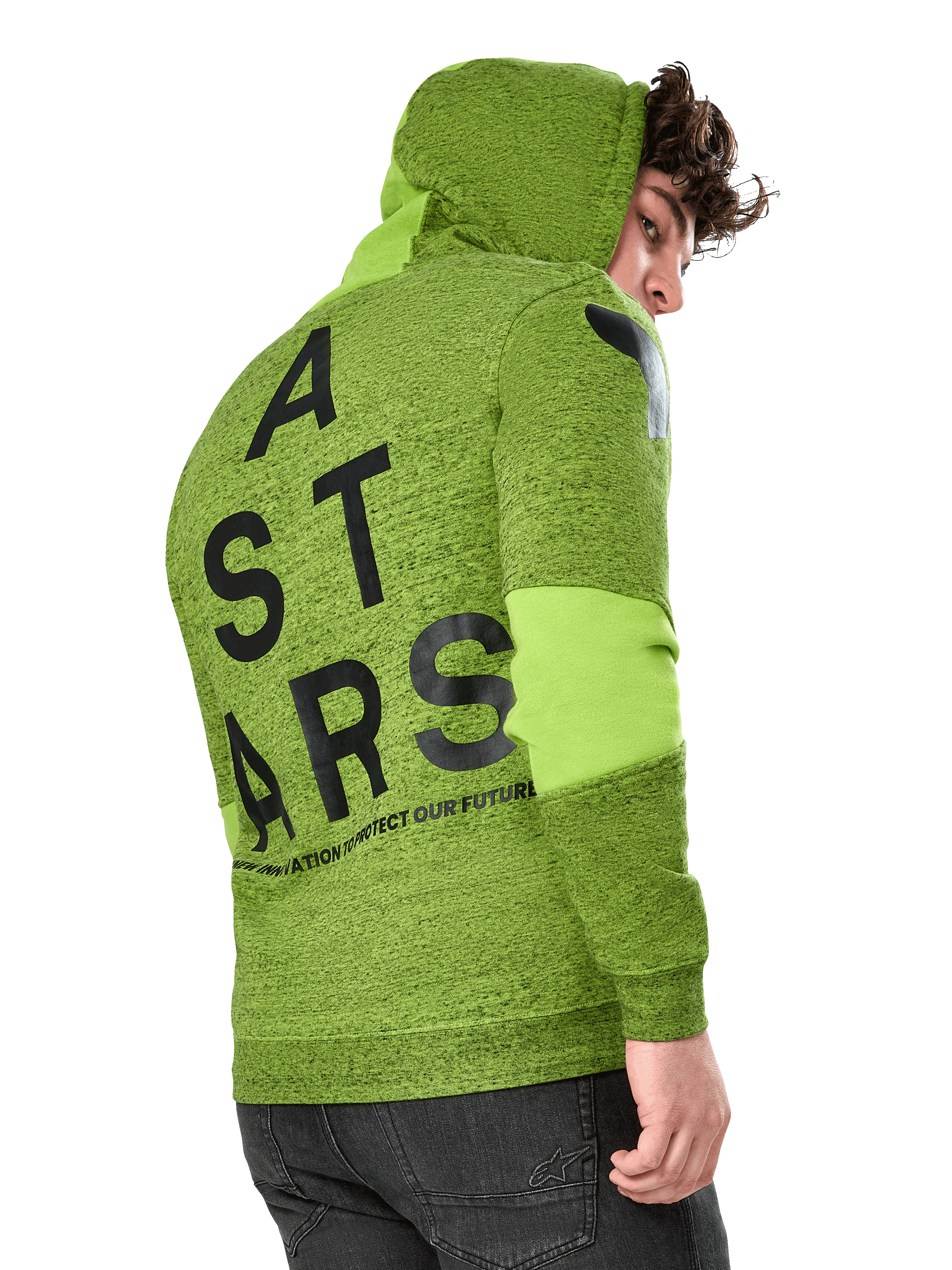 Alpinestars Perpetuate Hoodie, Casual Sportswear Hoodie, Lime Green Heathered Fleece, rear view featuring large black vertical ASTARS graphic on back and shoulder logo, fabric blocking on sleeves, drawstring hood, modern motorsport-inspired streetwear.