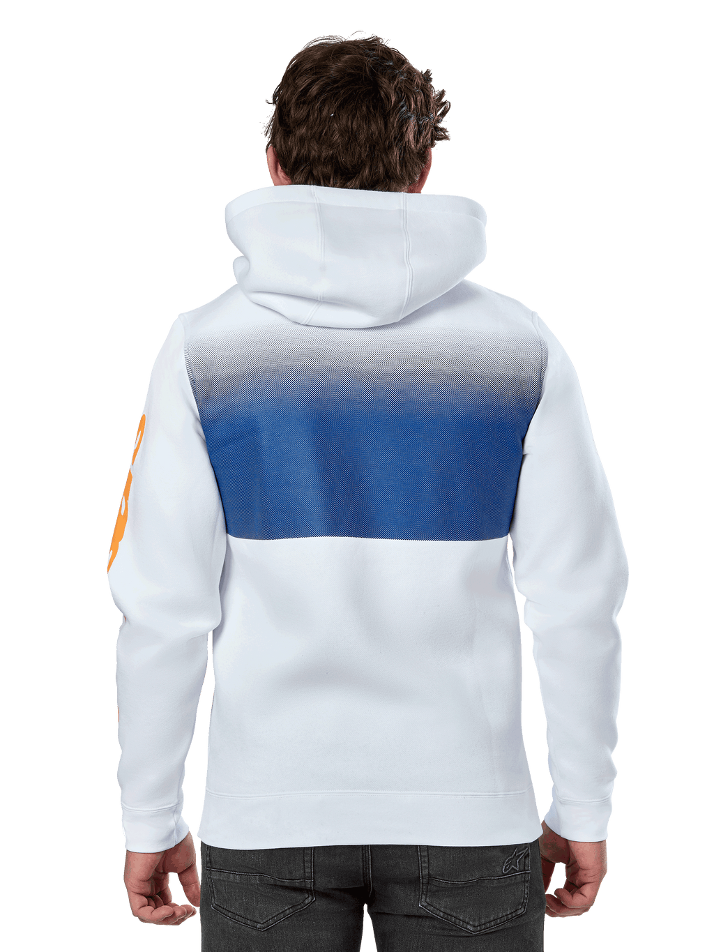 Alpinestars Specter Hoodie, White, casual streetwear hoodie with a blue gradation fade print on the back, orange wordmark logo on the sleeve, back view