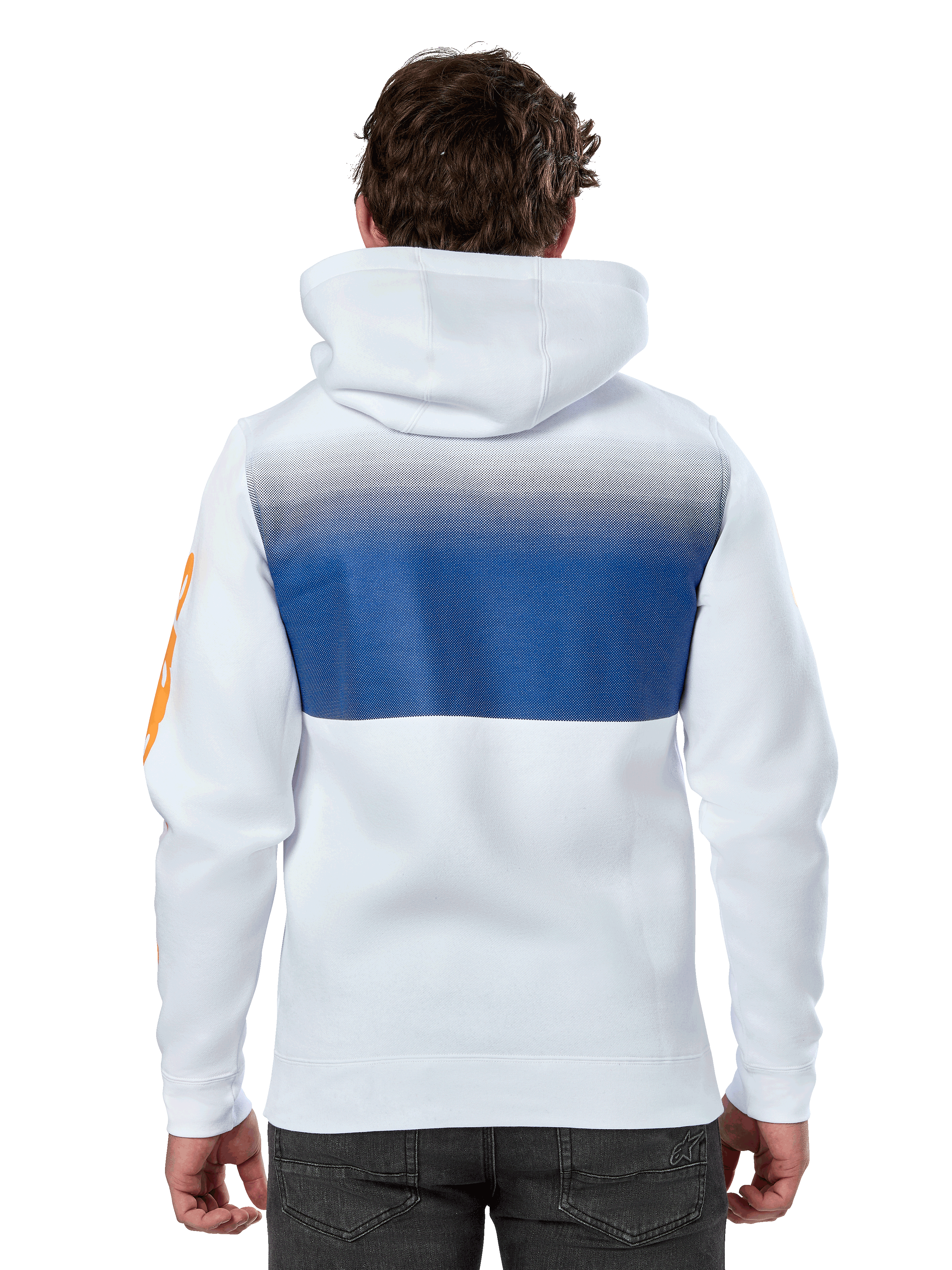 Alpinestars Specter Hoodie, White, casual streetwear hoodie with a blue gradation fade print on the back, orange wordmark logo on the sleeve, back view