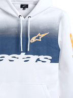 Alpinestars Specter Hoodie, White with navy blue gradation fade print, featuring orange Alpinestars star logo and white wordmark, casual motorsport-inspired streetwear fleece hoodie with drawstring hood