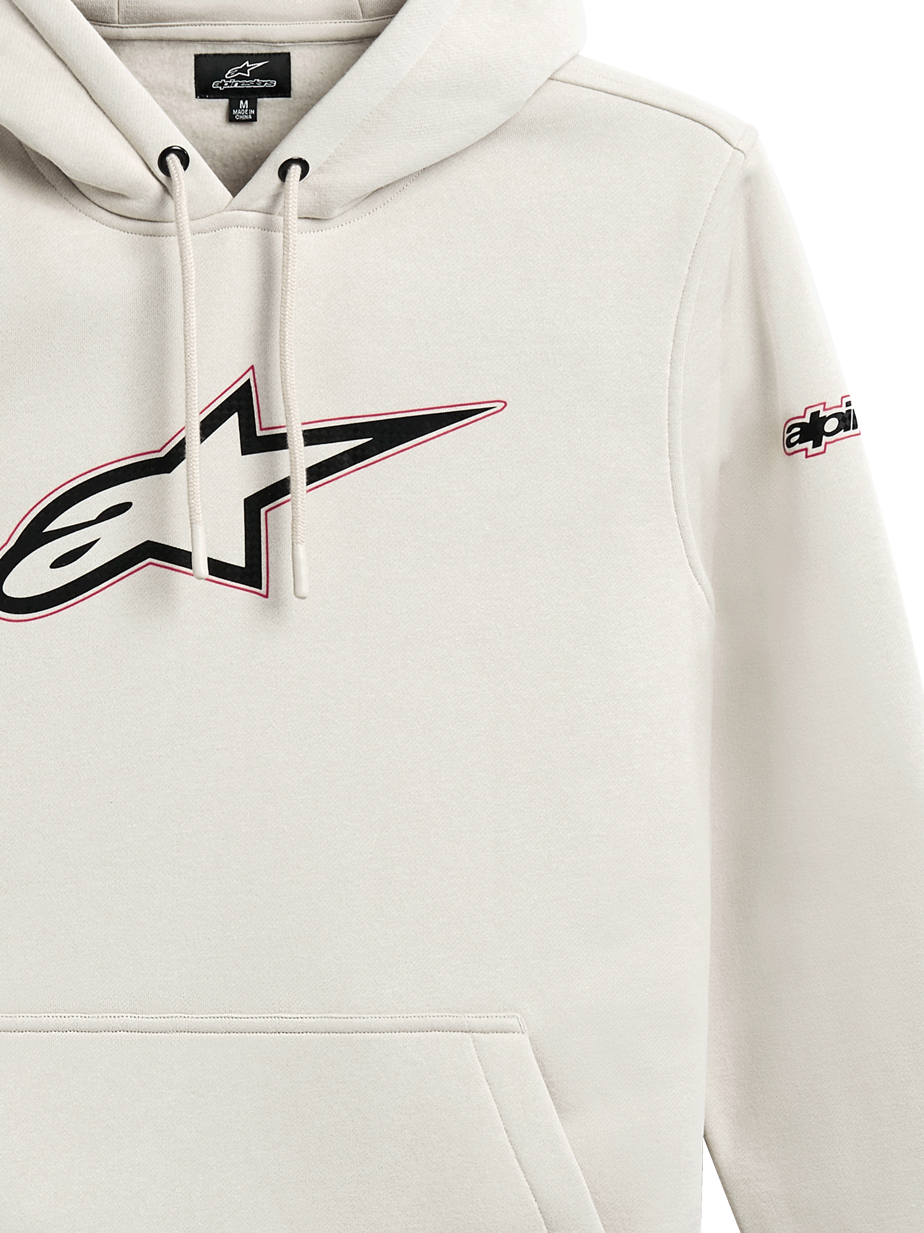 Alpinestars Insignia Hoodie, Casual Pullover Fleece, Off White, Large Astars Chest Logo with Red Outline, Sleeve Branding, Drawstring Hood, Kangaroo Pocket, Motorsport-Inspired Design