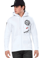Alpinestars Variegate Hoodie, White Zip-Up Hoodie with black and red ASTARS racing graphics, worn by a model with a black cap and dark jeans, casual motorsport streetwear featuring a kangaroo pocket and drawstring hood