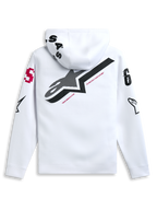 Alpinestars Variegate Hoodie, White, back view featuring large black star logo with red 'New Innovation' text, multi-logo artwork on sleeves and hood, casual motorsport-inspired streetwear