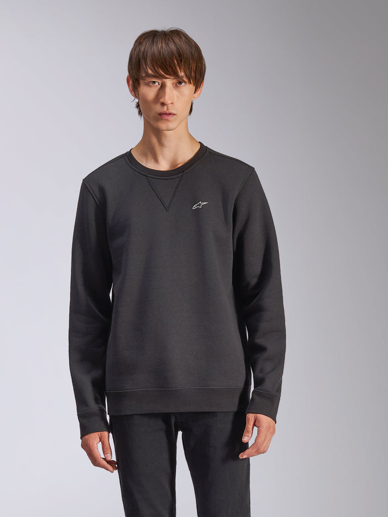 Alpinestars Positive Crew Sweatshirt, black, featuring a small white Alpinestars star logo on the chest, V-stitch crewneck detail, ribbed cuffs and hem, casual motorsport-inspired streetwear