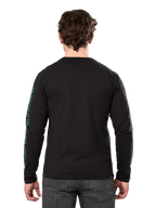 Alpinestars Ayess Csf Tee, Long Sleeve T-Shirt, Black, rear view showing blue and yellow printed graphics on sleeves, casual motorsport streetwear