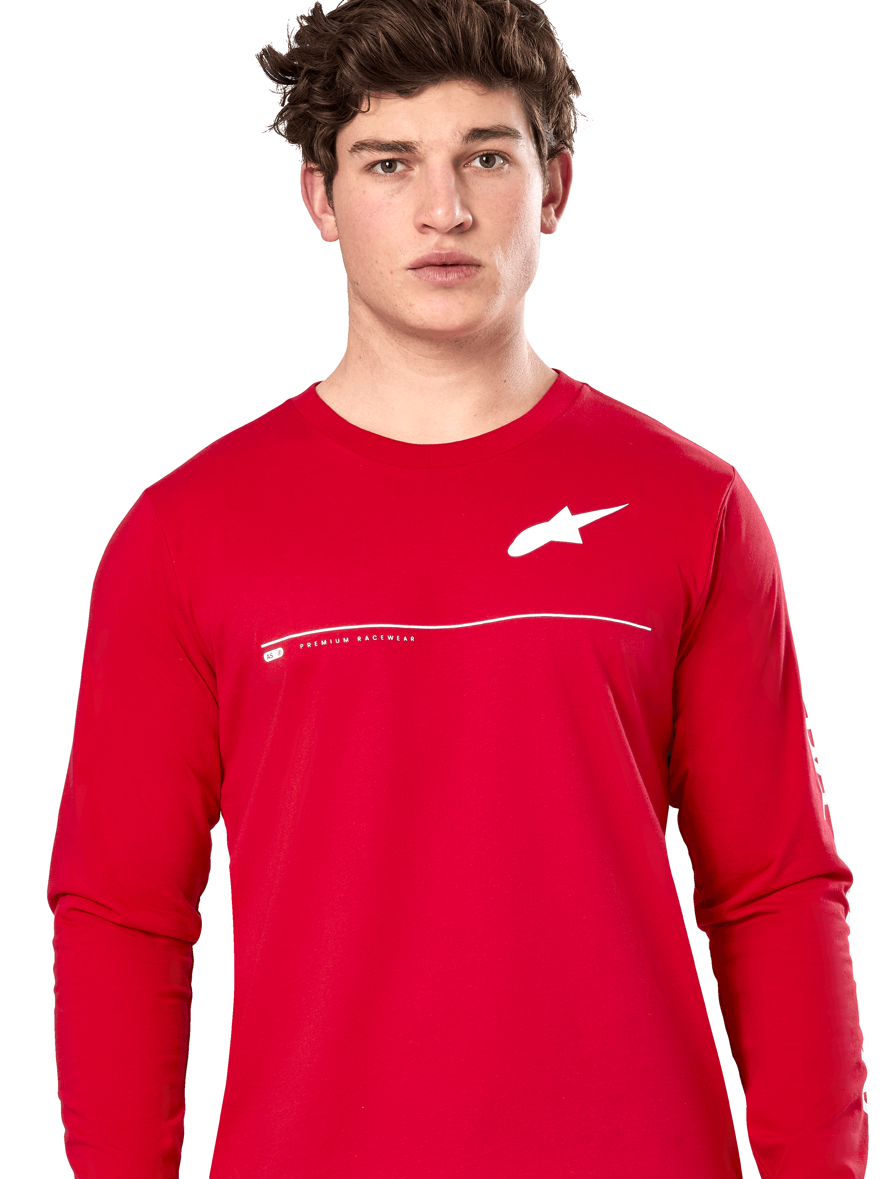 Alpinestars Committed CSF Tee, Long Sleeve T-Shirt, Red, White Astars Logo on chest with horizontal line and "Premium Racewear" text, worn by a male model, casual motorsport-inspired streetwear
