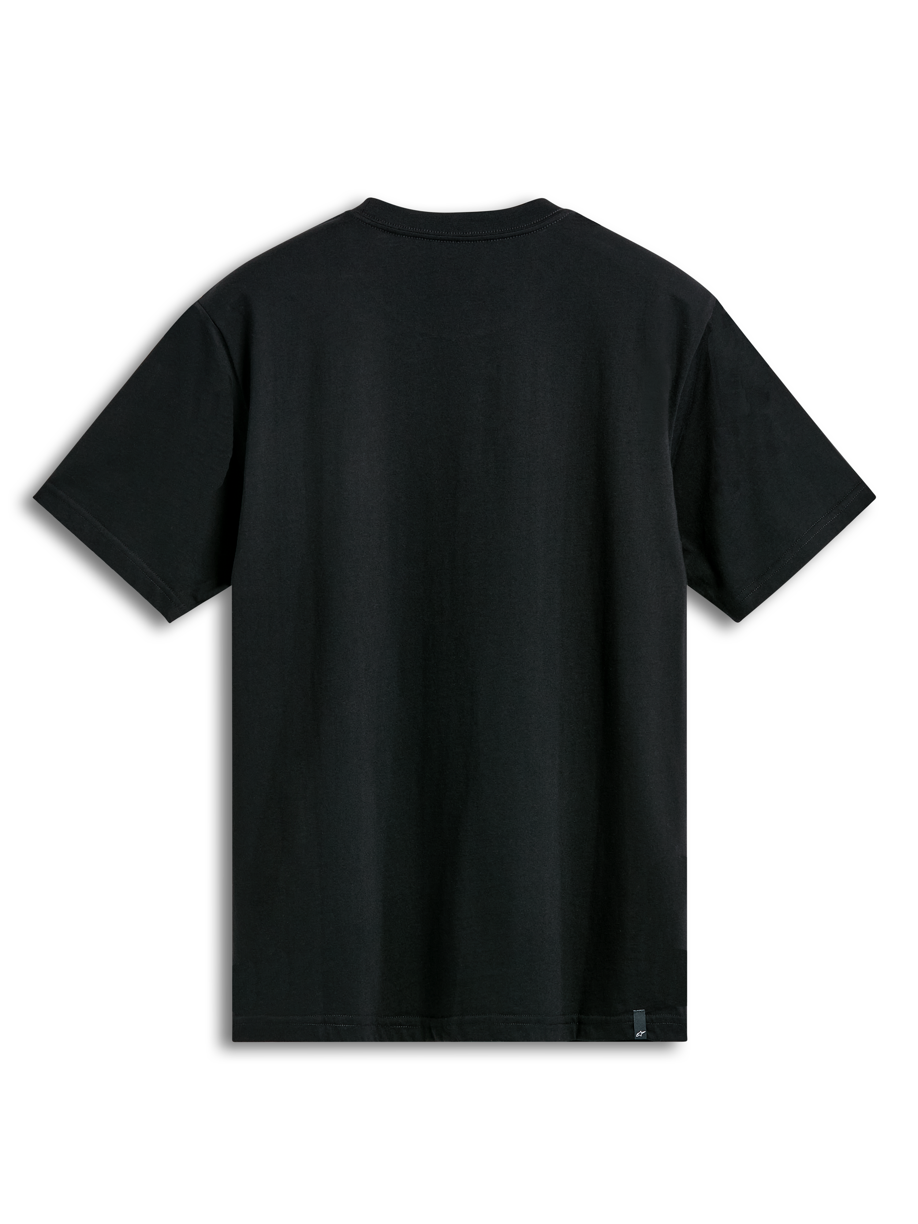 Alpinestars Semicircle CSF Tee, Short Sleeve T-Shirt, Black, back view showing plain fabric and small brand tag on the bottom hem, casual motorsport streetwear