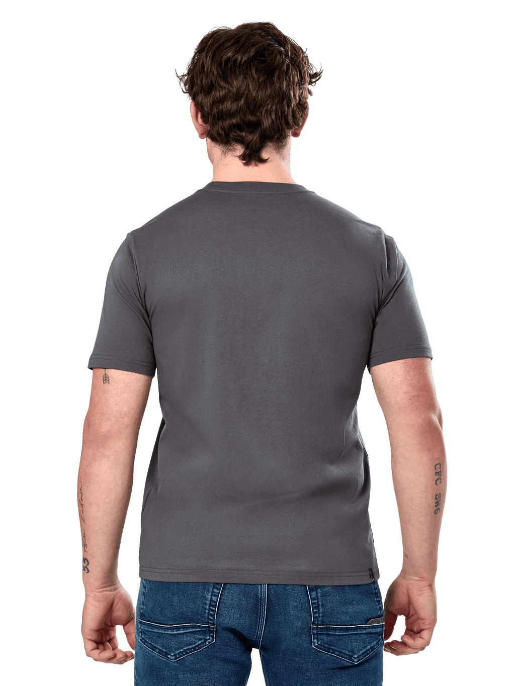 Alpinestars Cereal CSF Tee, Short Sleeve T-Shirt, Charcoal, back view, worn by model with blue jeans, casual motorsport-inspired streetwear