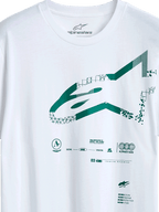 Alpinestars Geografica CSF Tee, Short Sleeve T-Shirt, White, Green Multi-Tech Astars Logo with Geometric and Pixelated Graphics, Casual Motorsport Streetwear