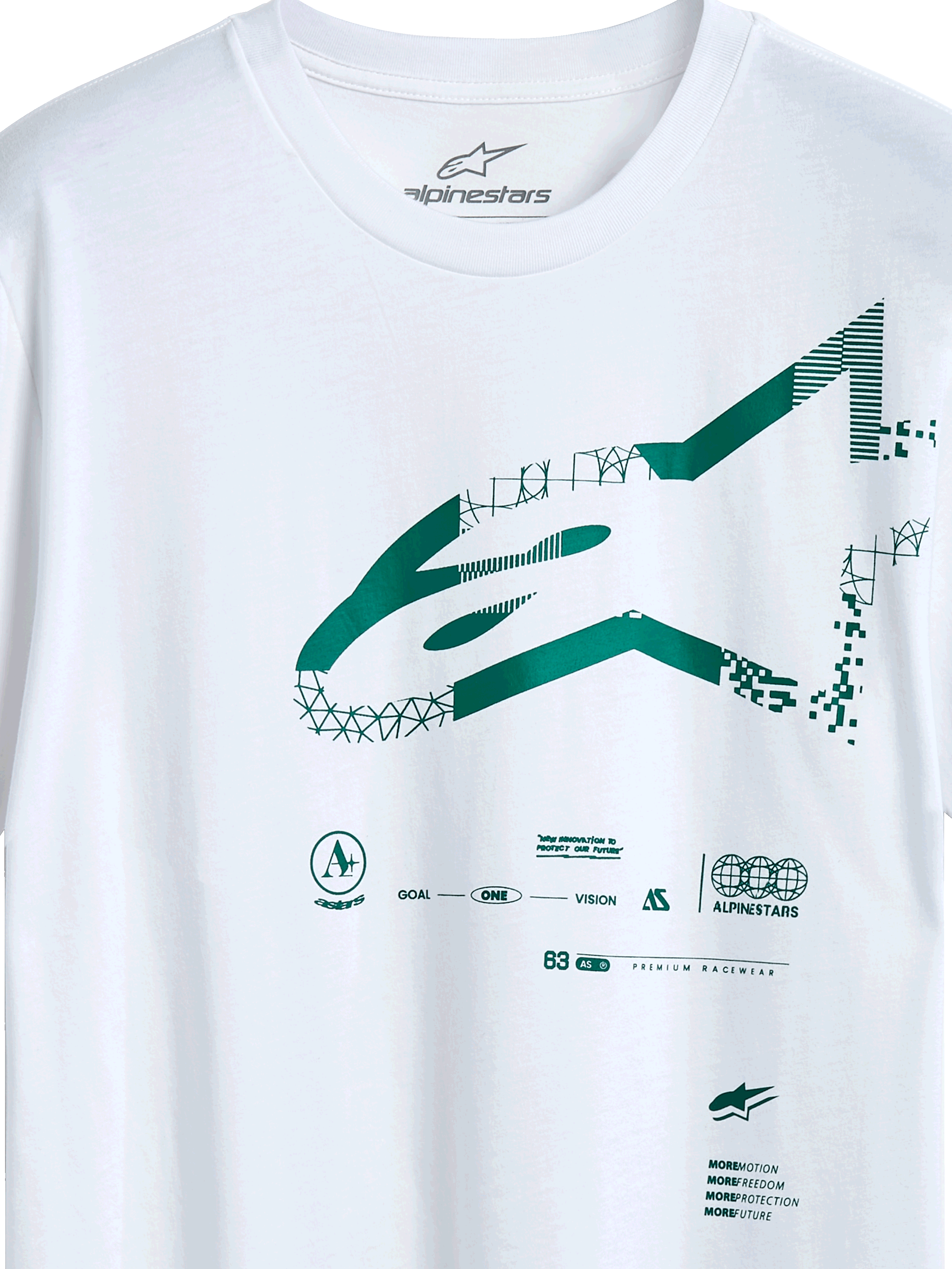 Alpinestars Geografica CSF Tee, Short Sleeve T-Shirt, White, Green Multi-Tech Astars Logo with Geometric and Pixelated Graphics, Casual Motorsport Streetwear