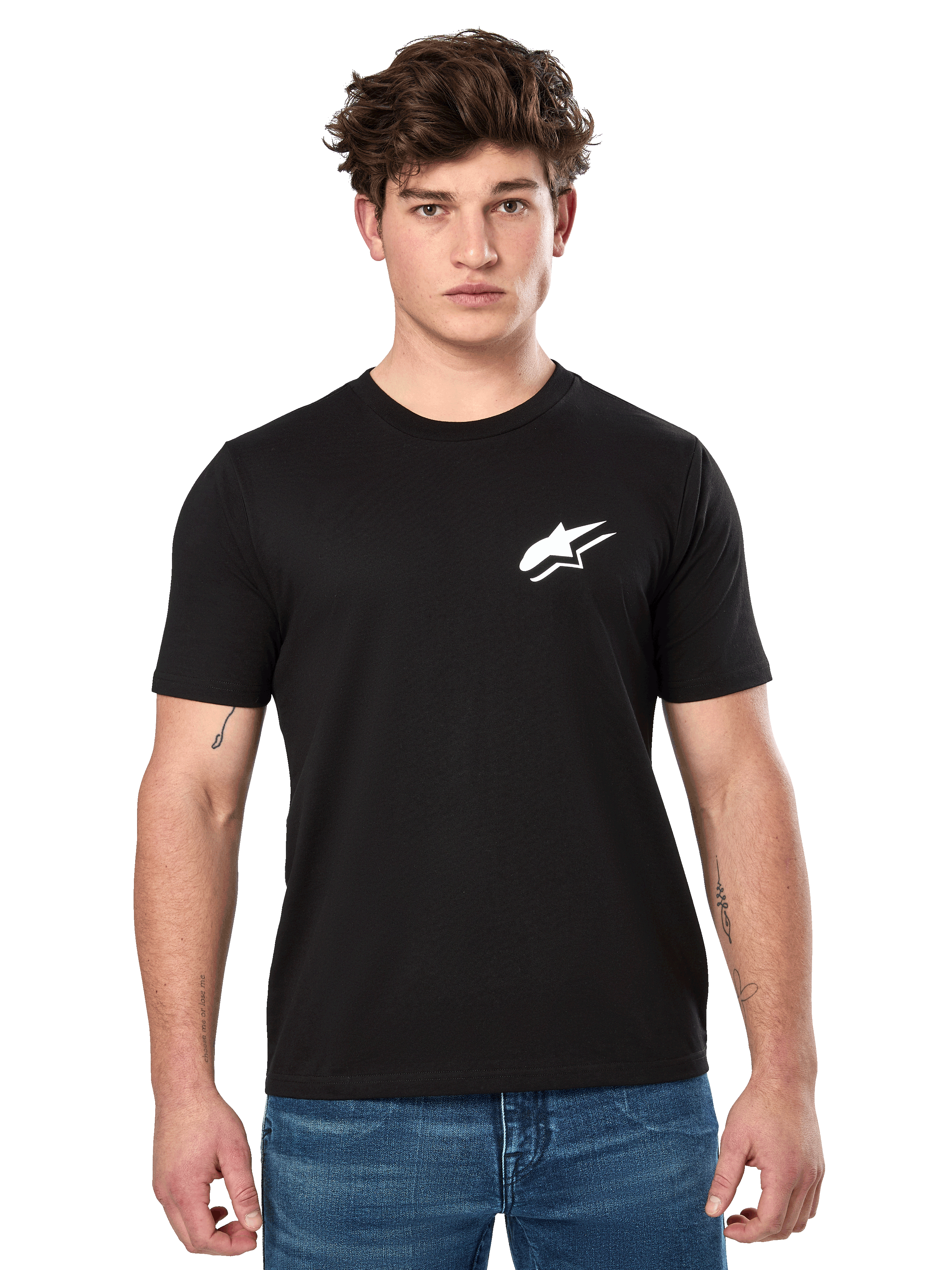 Alpinestars Formulate CSF Tee, Short Sleeve T-Shirt in Black, worn by a male model with blue jeans, featuring a white Astars logo on the chest, casual motorsport-inspired lifestyle apparel