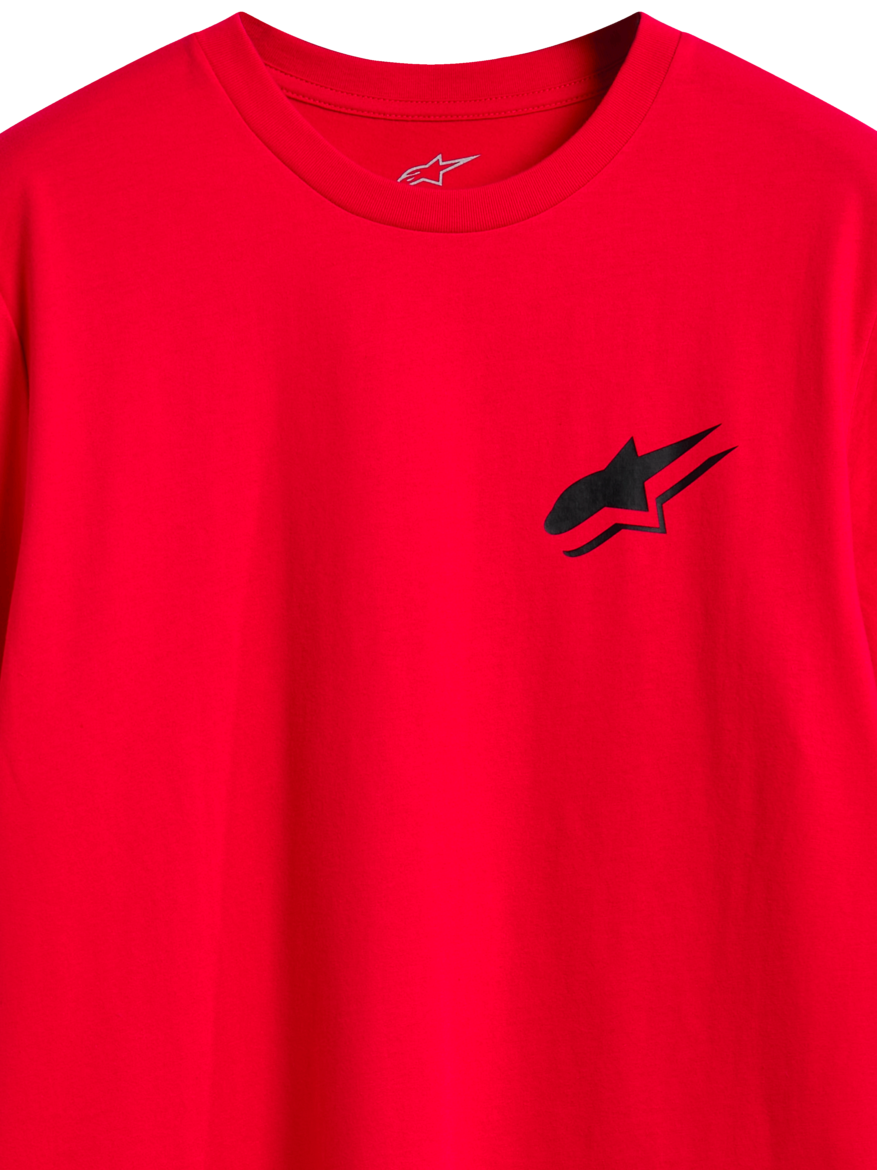Alpinestars Formulate CSF Tee, Short Sleeve T-Shirt, Red, black Astars chest logo, close-up view of neckline and front graphic, casual lifestyle apparel