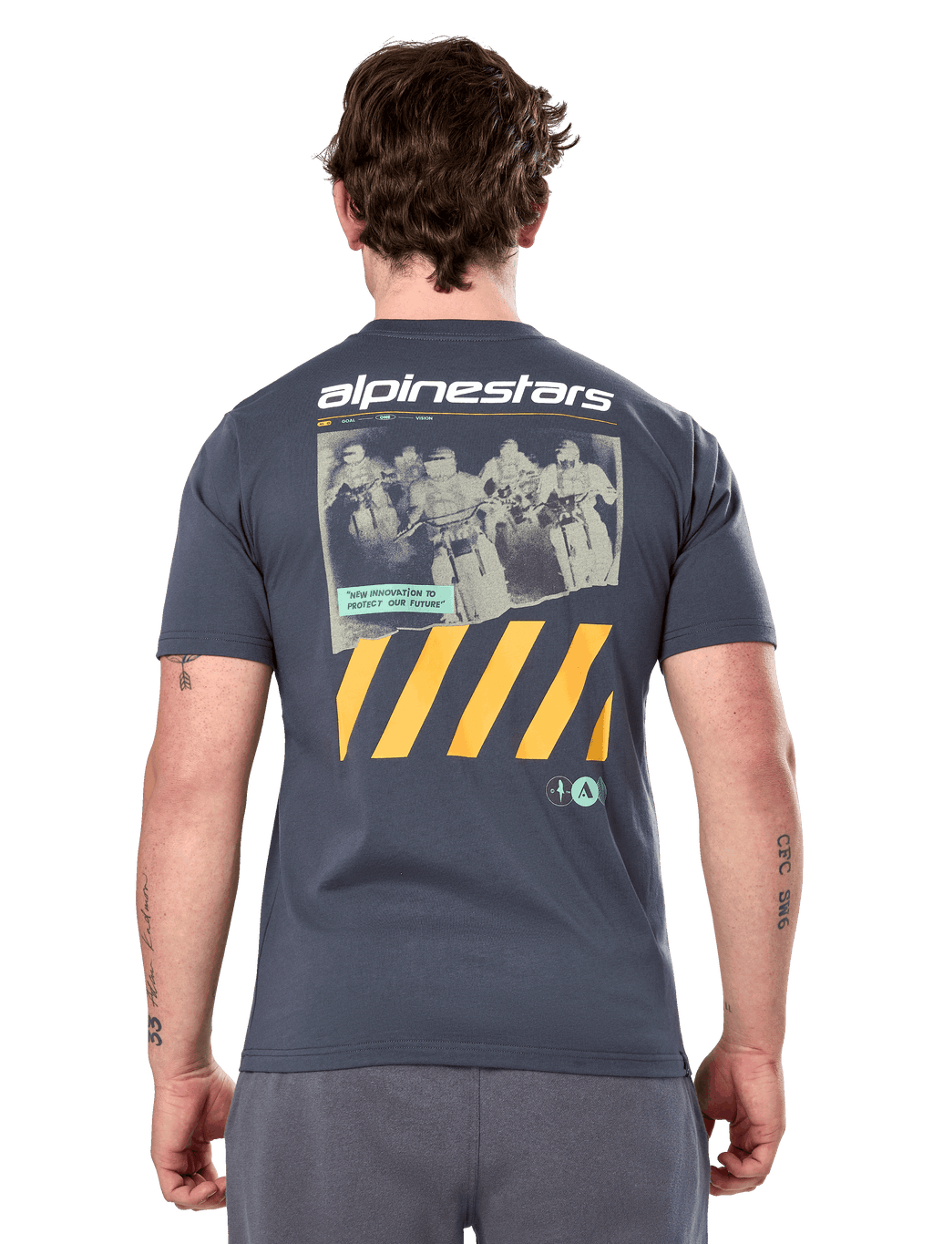 Alpinestars No Barrier Csf Tee, Short Sleeve T-Shirt, Charcoal, Large back graphic with distressed motocross photography and yellow diagonal stripes, Casual Motorsport Sportswear
