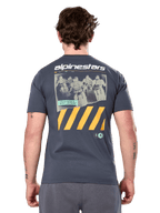 Alpinestars No Barrier Csf Tee, Short Sleeve T-Shirt, Charcoal, Large back graphic with distressed motocross photography and yellow diagonal stripes, Casual Motorsport Sportswear