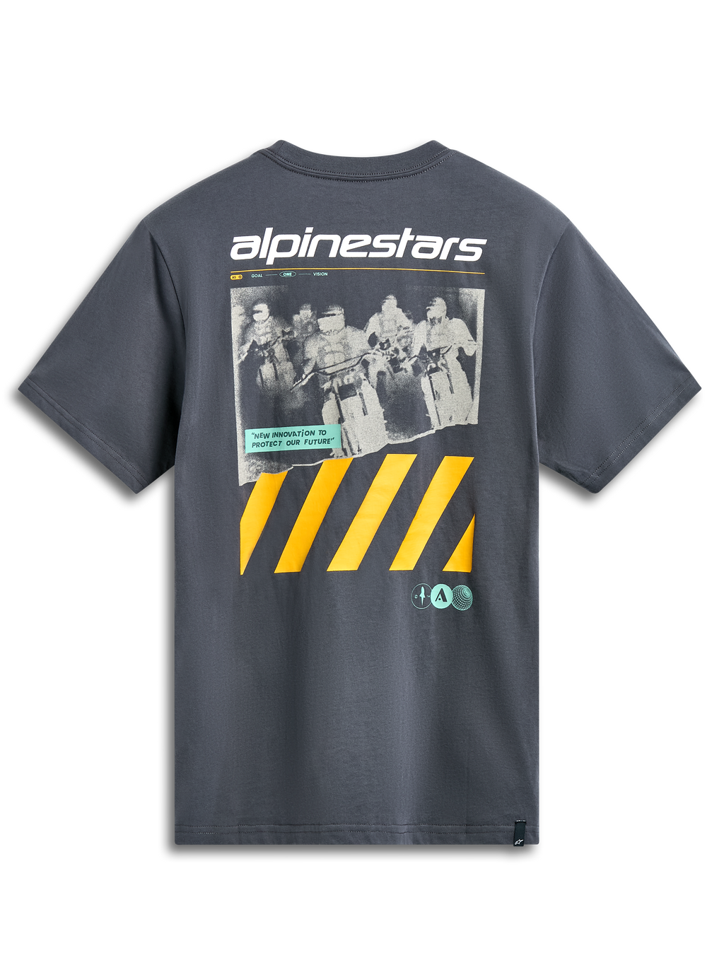 Alpinestars No Barrier CSF Tee, Short Sleeve T-Shirt, Charcoal, large graphic featuring a distressed motocross photo, white Alpinestars branding, and bold yellow diagonal stripes, casual motorsport streetwear