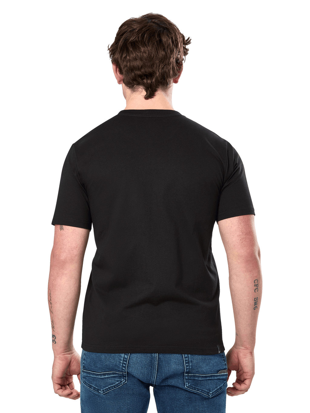 Alpinestars Dot Carbon CSF Tee, Short Sleeve T-Shirt, Black, rear view on model showing plain back and casual fit, worn with blue jeans, motorsport-inspired streetwear