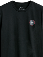 Alpinestars Dot Carbon CSF Tee, Short Sleeve T-Shirt, Black, Close-up of Circular Chest Logo with Carbon Fiber Look and White Astars Symbol, Casual Motorsport Streetwear