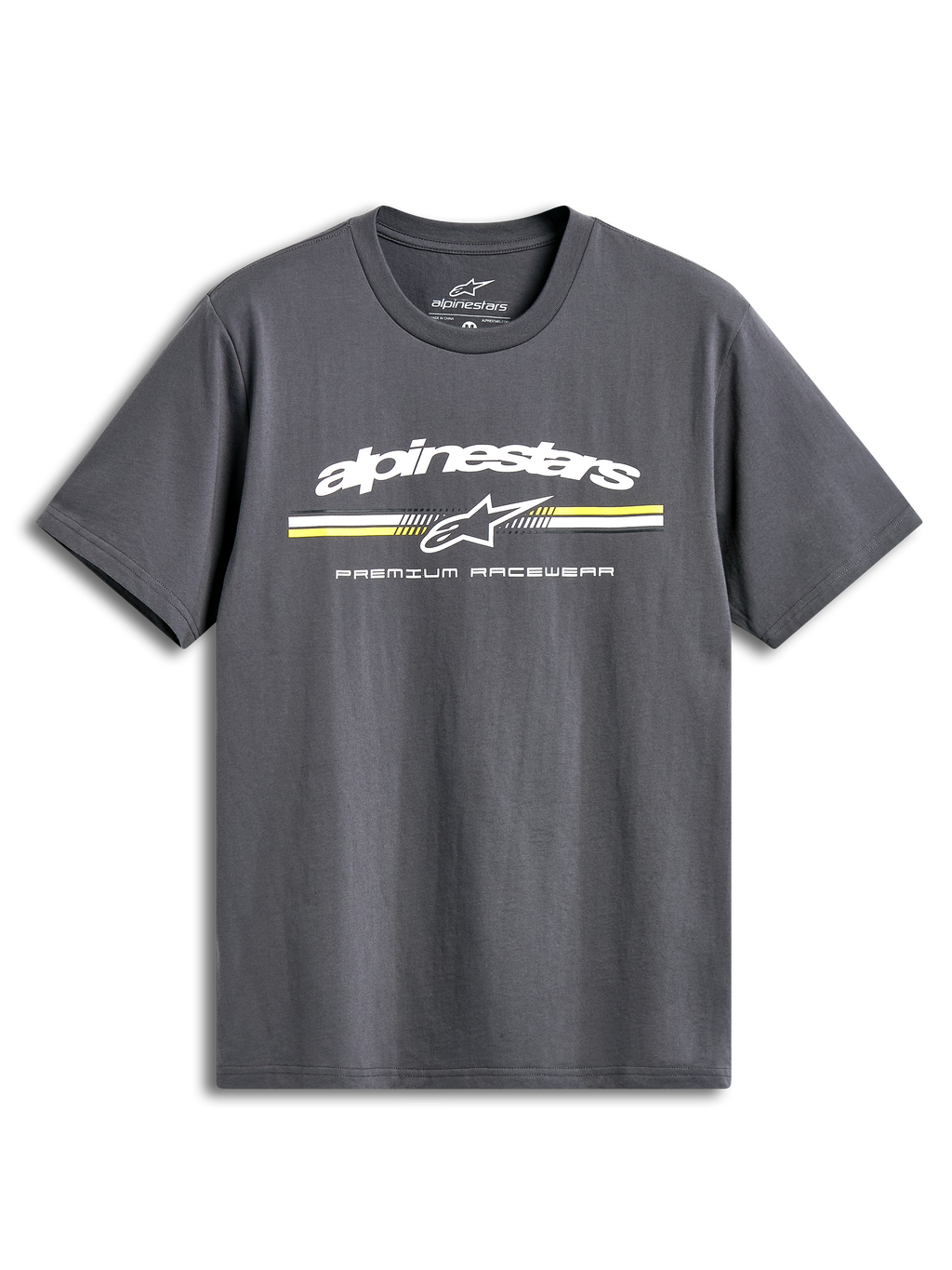 Alpinestars Prevail Csf T-Shirt, charcoal short-sleeve sportswear tee with a front paddock-style tri-color stripe logo and soft hand print