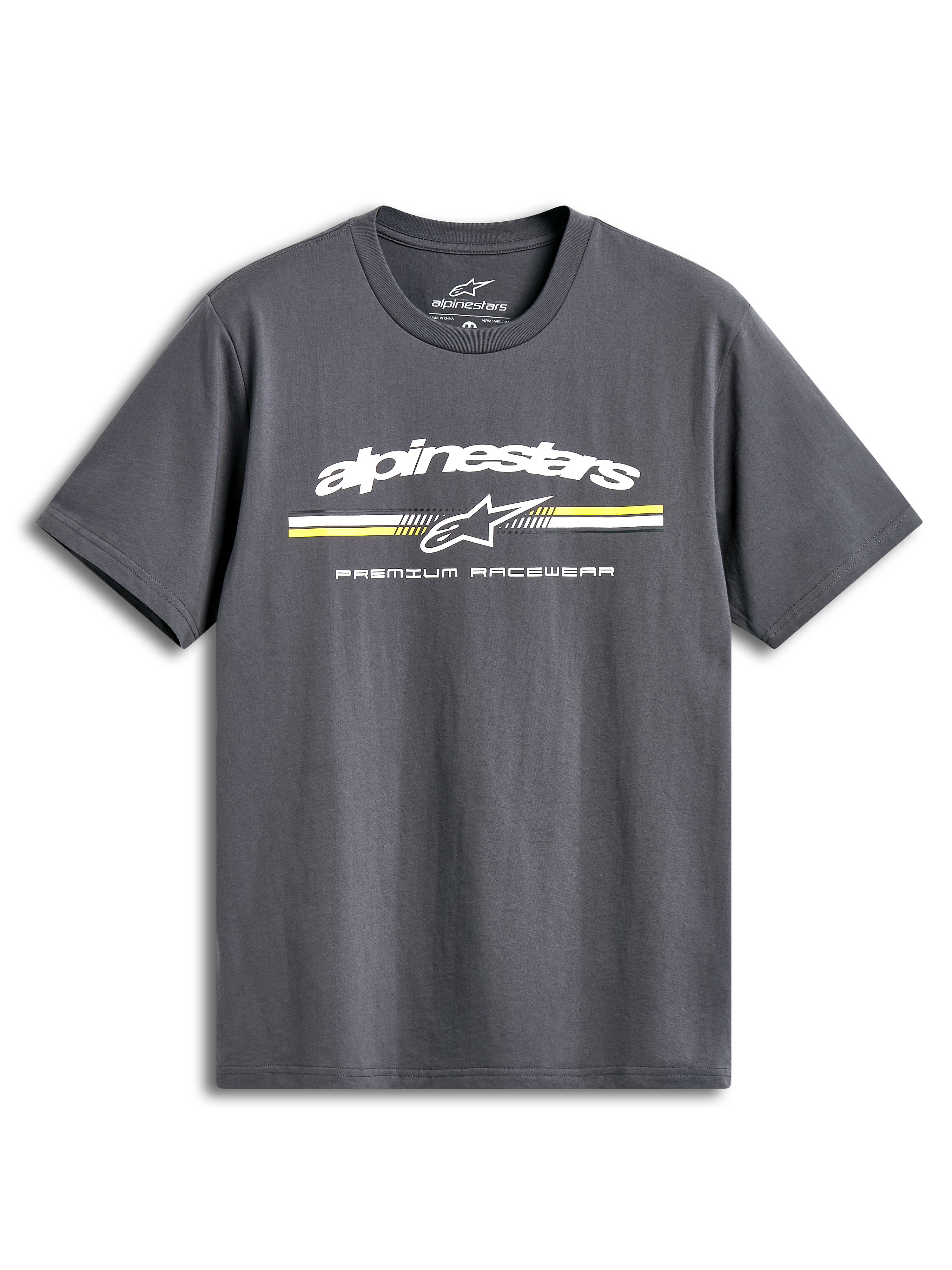 Alpinestars Prevail Csf T-Shirt, charcoal short-sleeve sportswear tee with a front paddock-style tri-color stripe logo and soft hand print