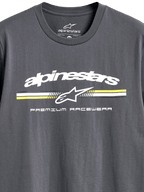Alpinestars Prevail CSF Tee, Short Sleeve T-Shirt, Charcoal, White Alpinestars Logo with Yellow and White Paddock-Style Stripes, 'Premium Racewear' Text, Casual Motorsport Sportswear