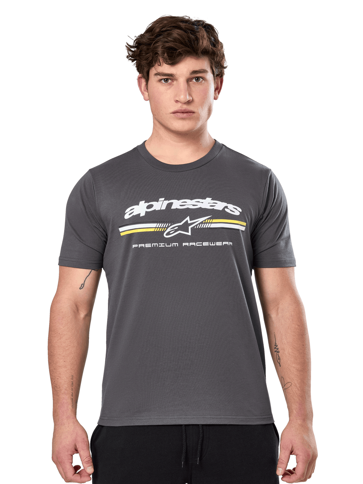 Alpinestars Prevail CSF Tee, Charcoal Gray Short Sleeve T-Shirt, white Alpinestars logo with yellow and white stripes and 'Premium Racewear' graphic, casual motorsport-inspired streetwear