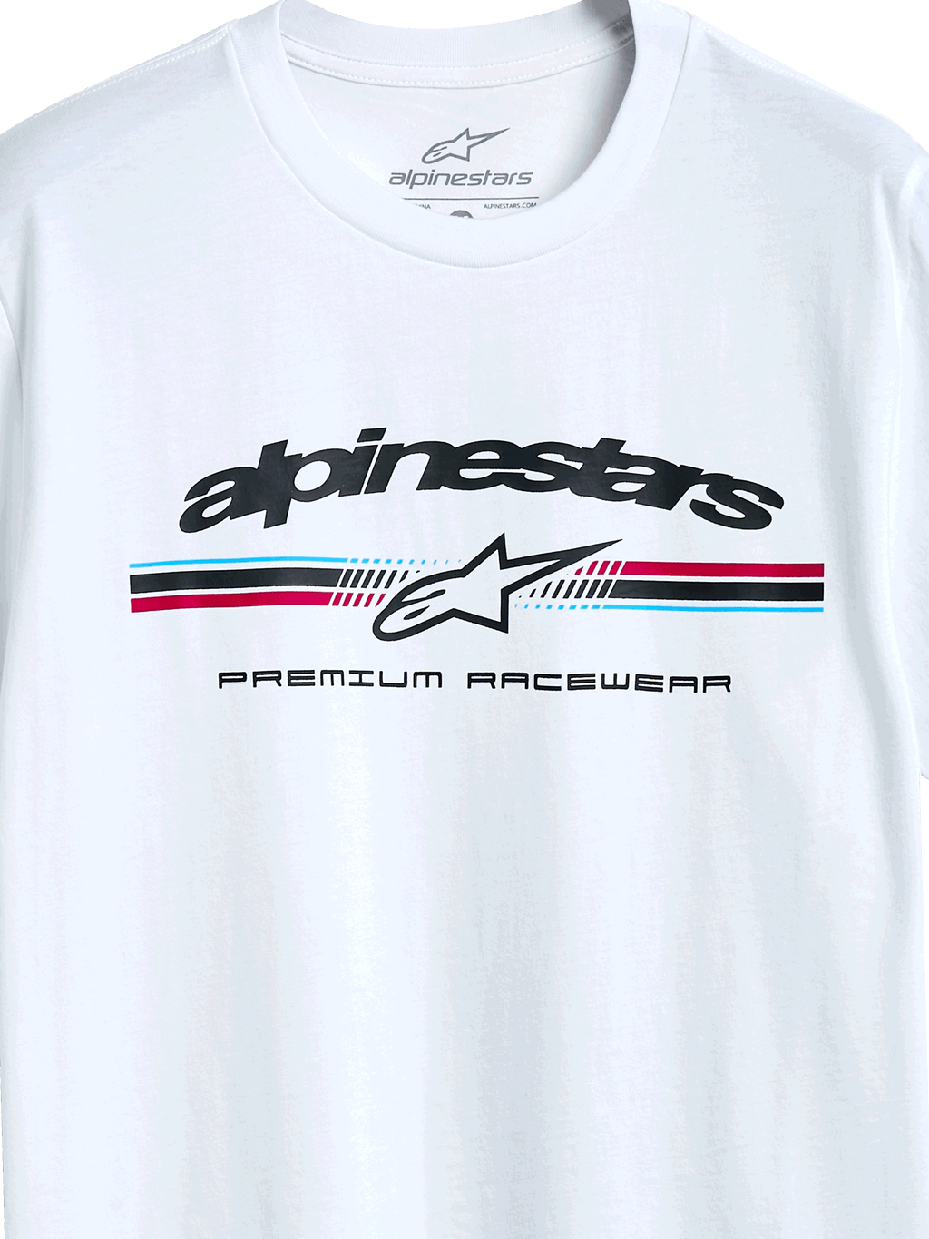 Alpinestars Prevail CSF Tee, Short Sleeve T-Shirt, White, Paddock-style tri-color stripe logo with Alpinestars star icon and Premium Racewear text, casual motorsport-inspired design