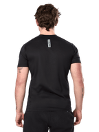Alpinestars Point Performance Tee, Short Sleeve T-Shirt, Black, rear view on a man featuring a vertical astars word print on the upper back, casual performance sportswear