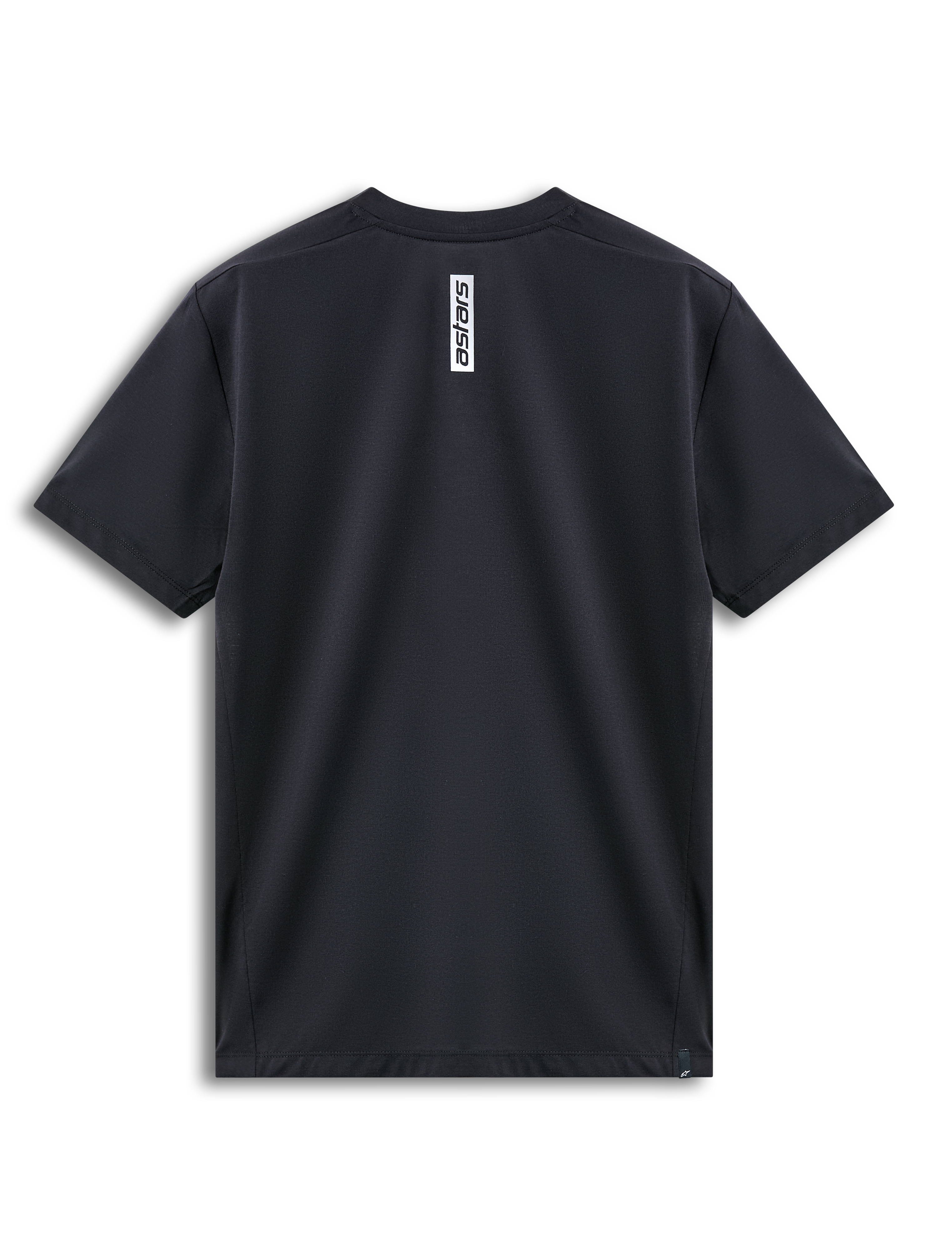 Alpinestars Point Performance Tee, Short Sleeve T-Shirt, Black, Back View showing vertical white Astars logo print at the neck, moisture-wicking performance sportswear
