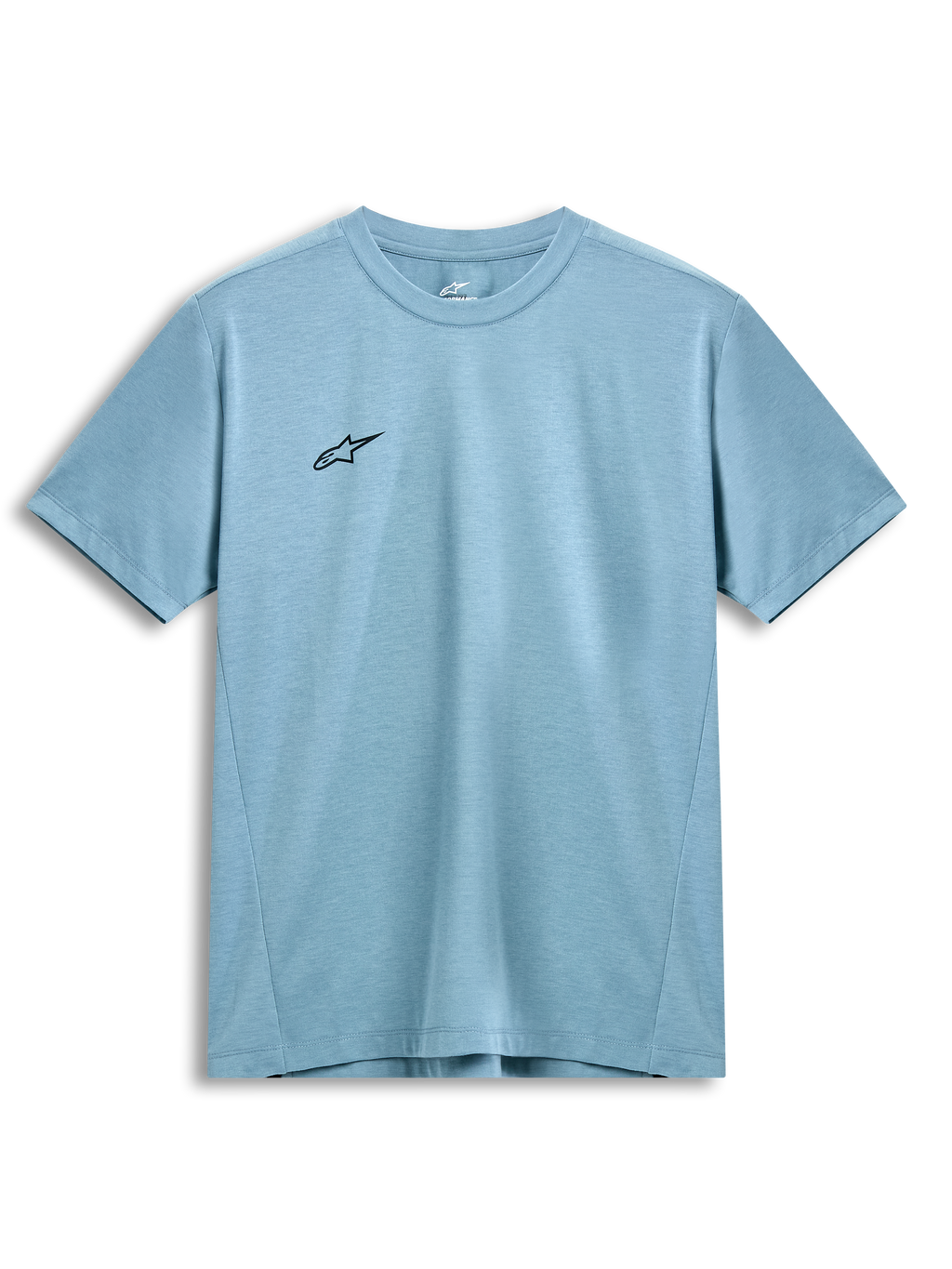 Alpinestars Point Performance Tee, Short Sleeve T-Shirt, Ice Blue, Small Black Star Logo on Chest, Crew Neck, Sustainable Performance Wicking Fabric, Casual Motorsport Streetwear