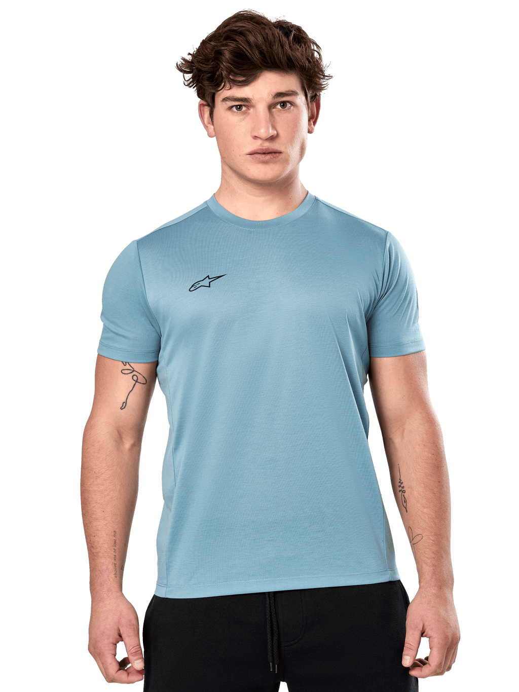 Alpinestars Point Performance Tee, Short Sleeve T-Shirt, Ice Blue, featuring a small black logo on the chest, worn by a model with black shorts, casual performance sportswear