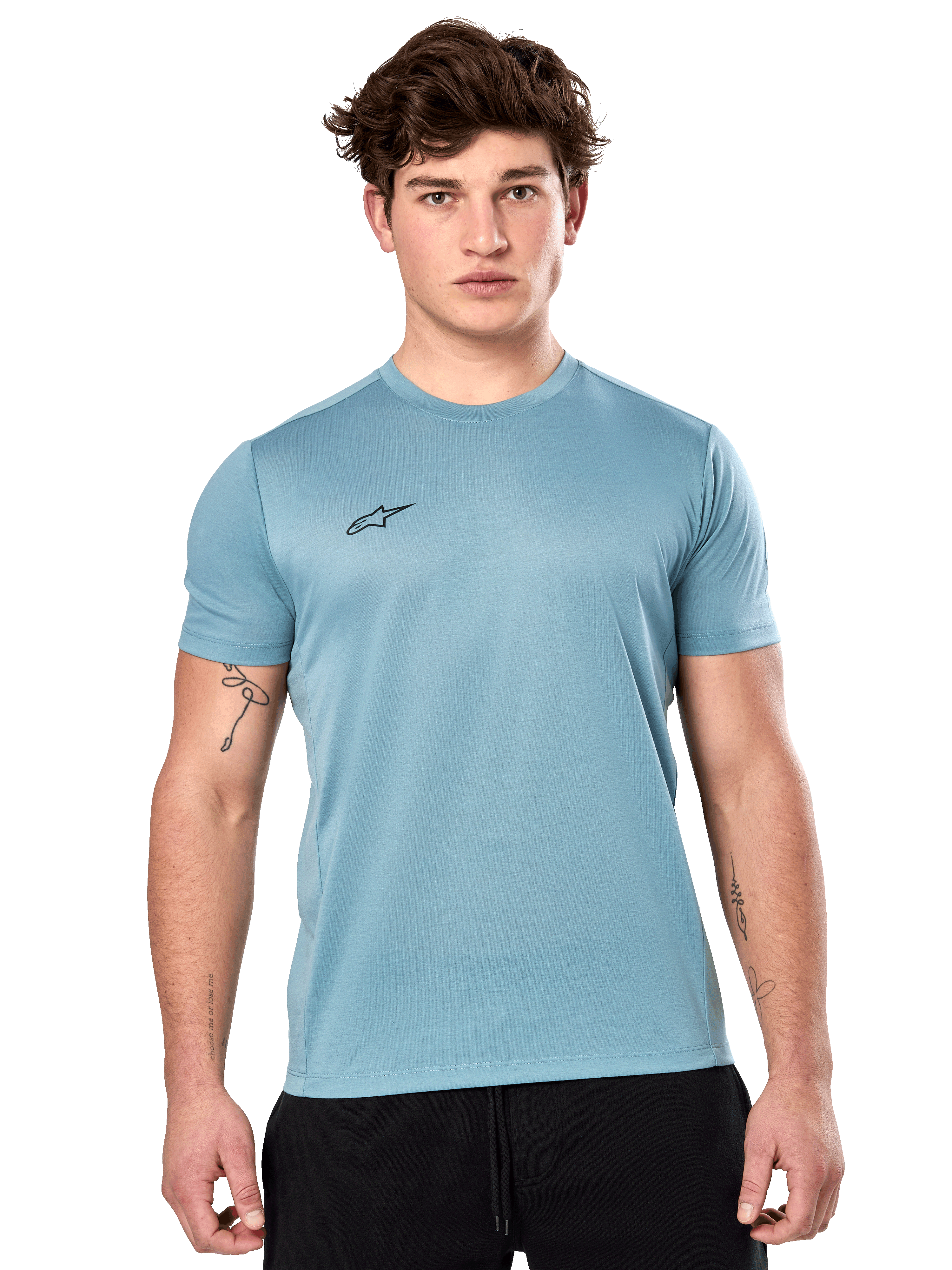 Alpinestars Point Performance Tee, Short Sleeve T-Shirt, Ice Blue, featuring a small black logo on the chest, worn by a model with black shorts, casual performance sportswear