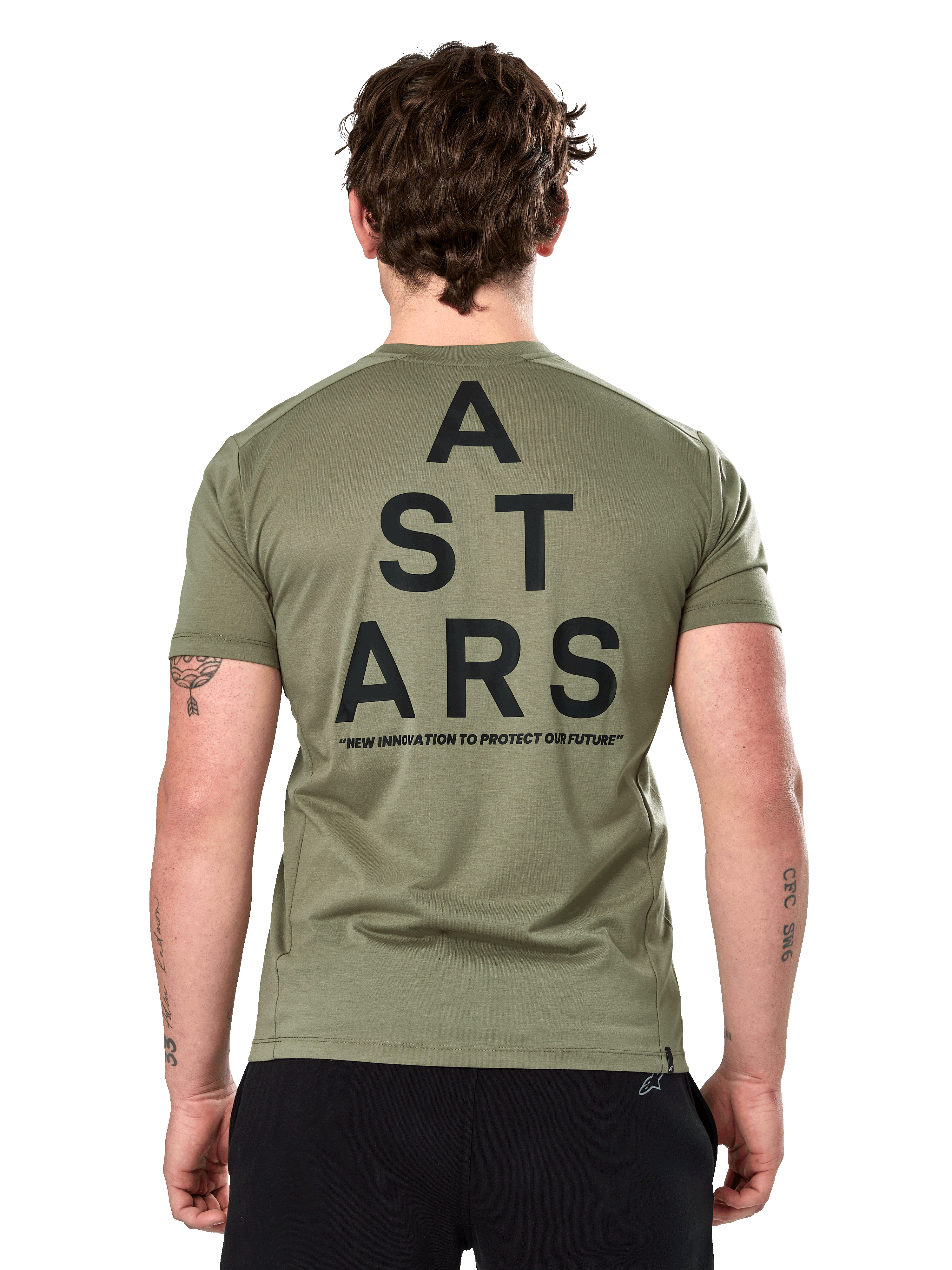 Alpinestars Attrition Performance Tee, Short Sleeve T-Shirt, Light Green, Back view featuring large black stacked 'A STARS' type graphic and 'NEW INNOVATION TO PROTECT OUR FUTURE' text, Sustainable Performance Sportswear