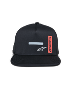 Alpinestars Alter Trucker Hat, Flat Bill Cap, Black with Mesh Back, Front Reflective Bar and White Star Logo, Vertical Red Label with Astars Text, Casual Motorsport Sportswear