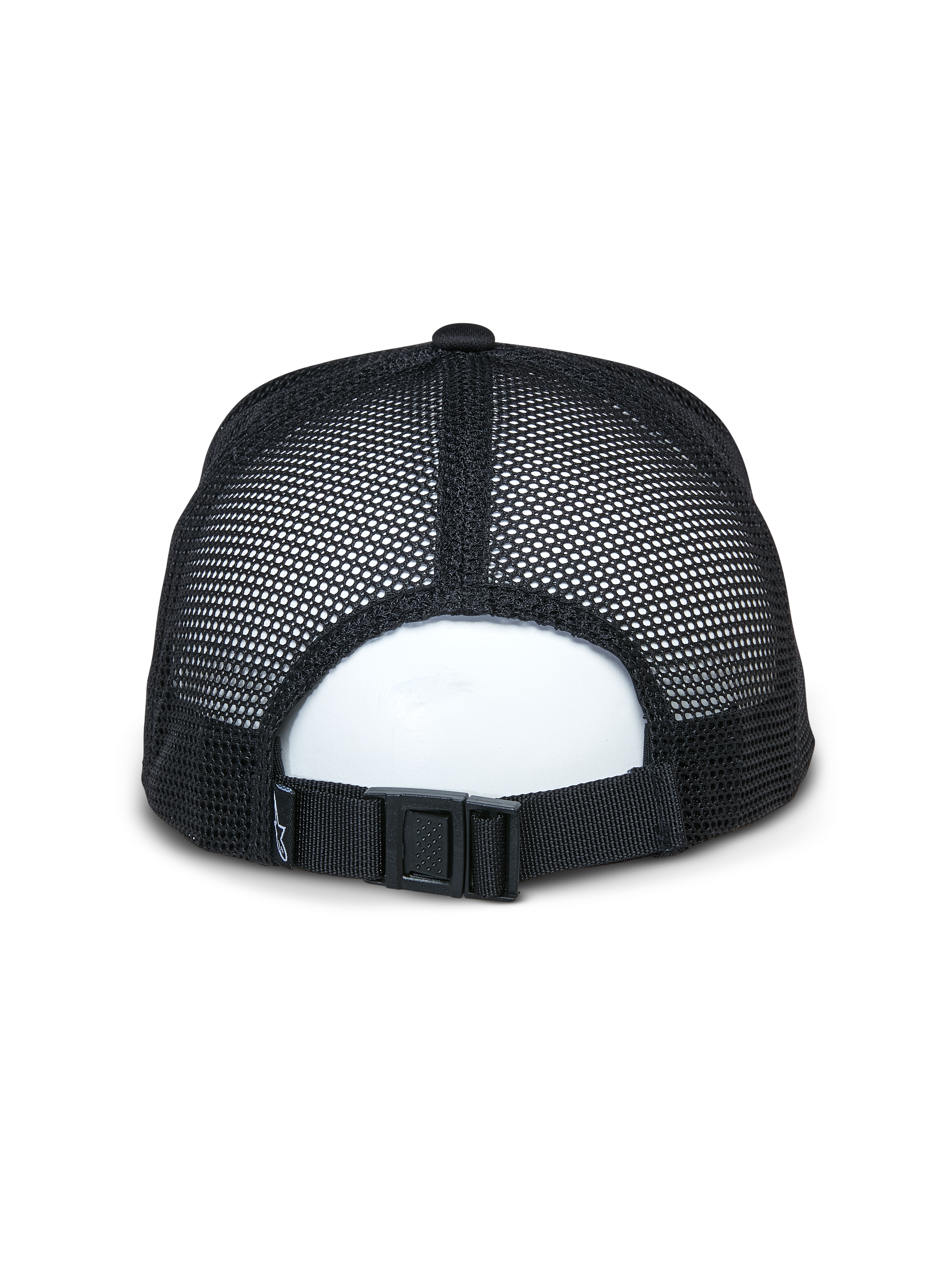 Alpinestars Alter Trucker Hat, Black, back view showing breathable recycled mesh panels and adjustable buckle closure, casual sportswear accessory